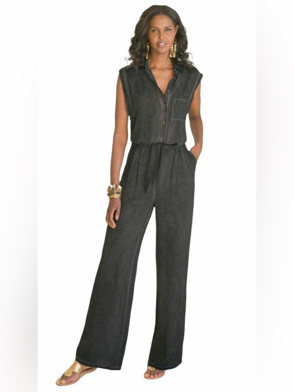 Soft Surroundings Camilla Collared Sleeveless Jumpsuit Charcoal Gray Size Medium